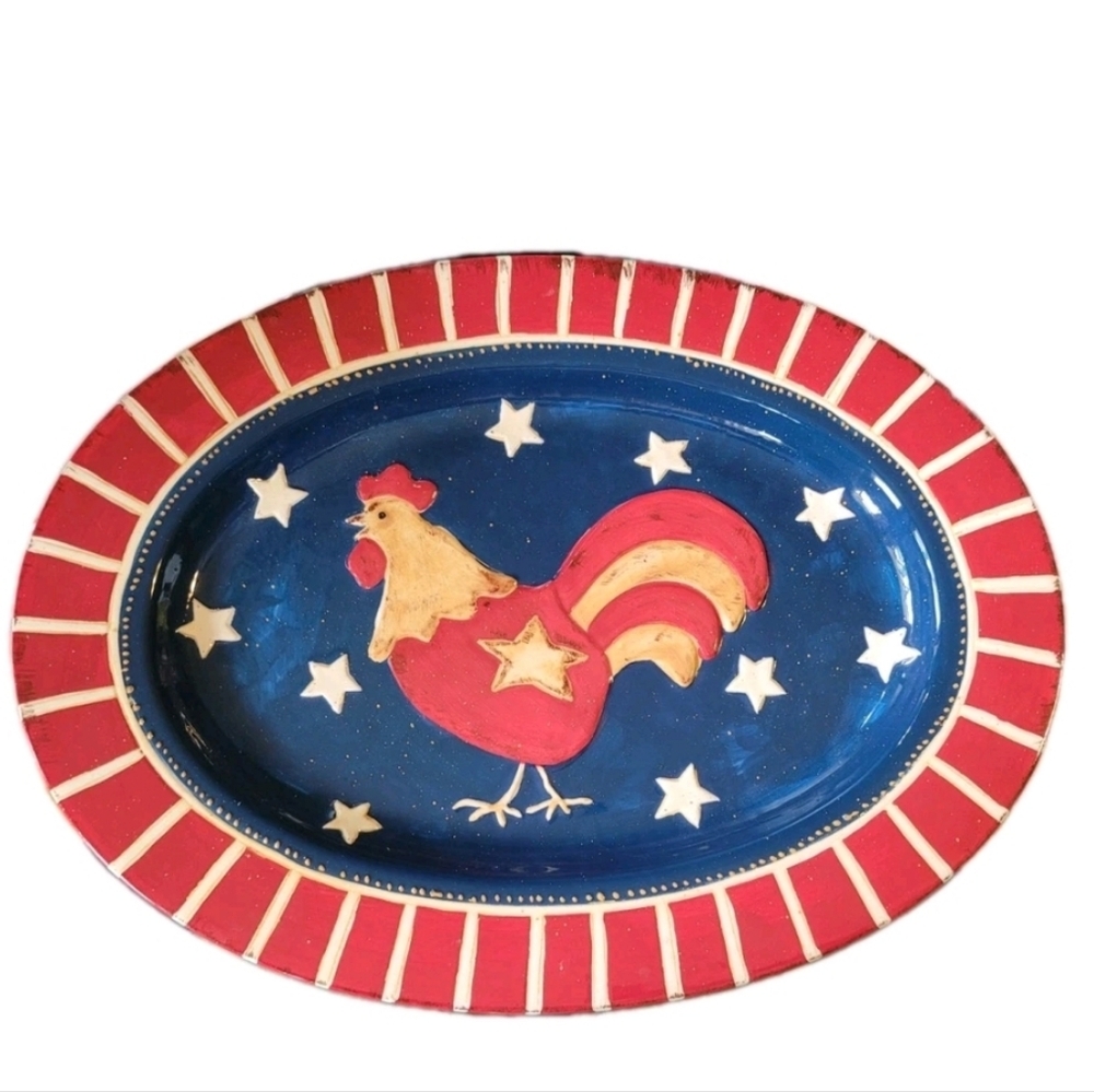 Vintage Patriotic Rooster Star Ceramic Serving Platter Americana Cottage Core